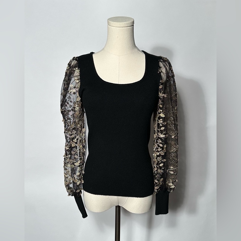 Fancy black ribbed and gold leaf dressy top